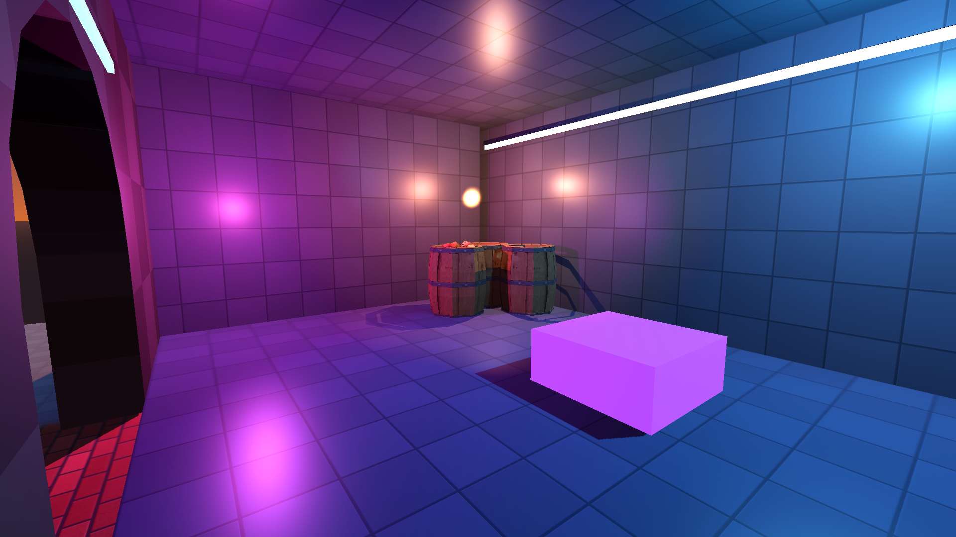The closed room: emissive strips, colored static lights, imported barrels — ready for a LightmapGI bake.
