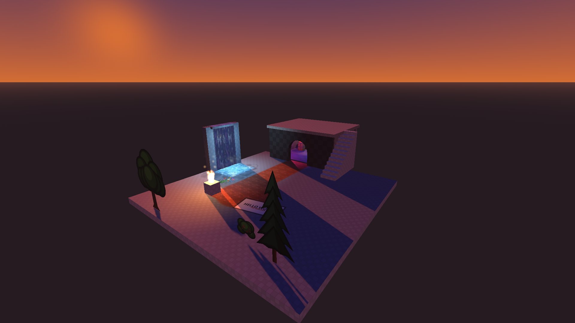 The finished map at dusk: splat courtyard, waterfall, arched doorway, stairs to the roof, and the neon room's glow through the door.