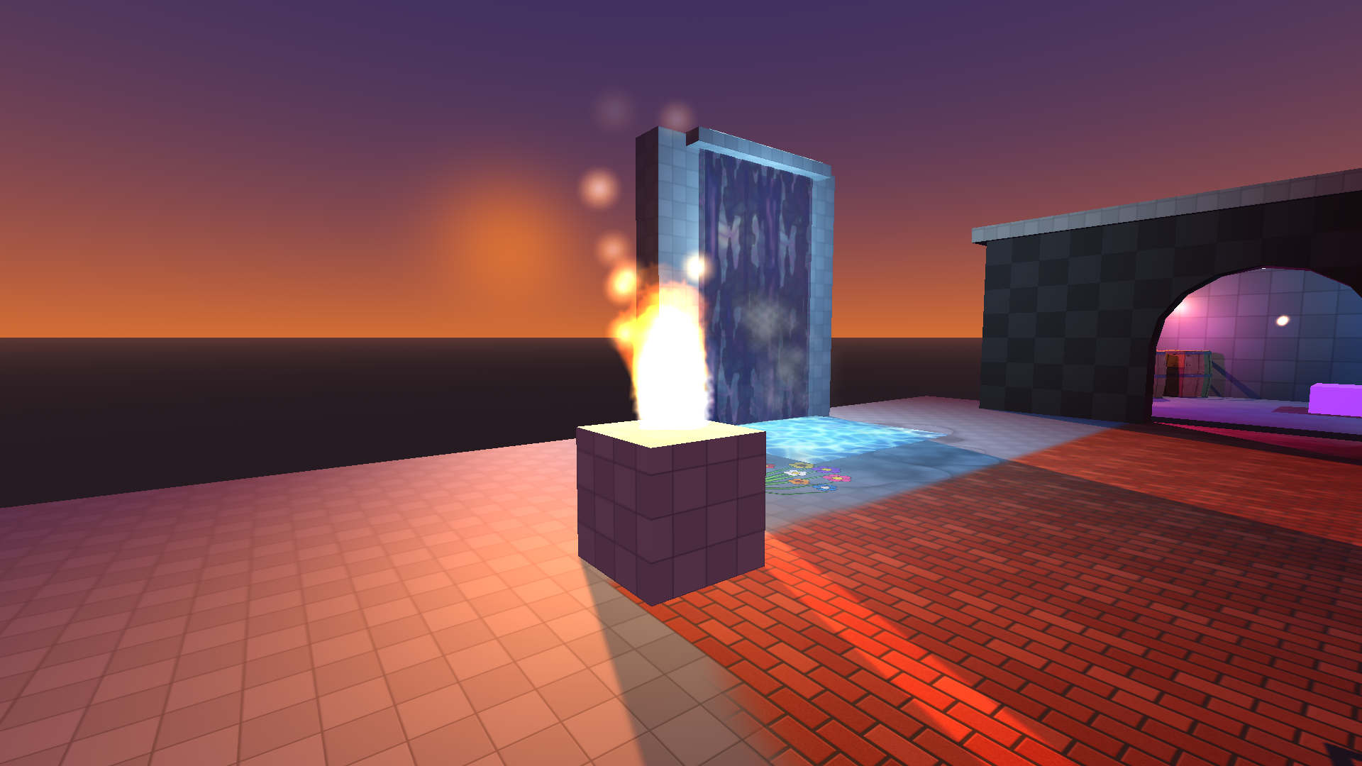 The brazier by the waterfall: the flipbook flame and its embers are the same emitters the retro export plays — placed in three clicks, tuned by dragging.