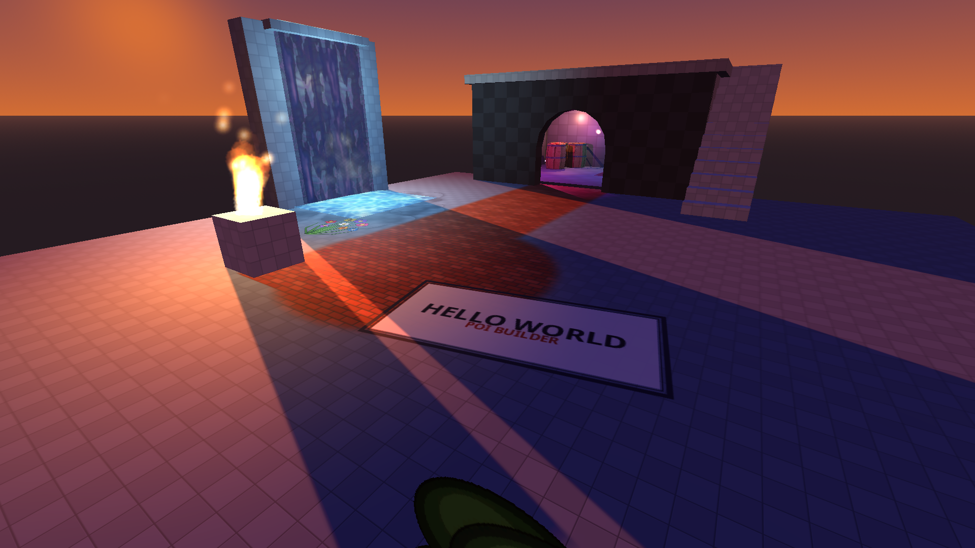 Three albedos on one face: the wet-slate base, the brushed brick path and plaza, and a flower decal near the pool.