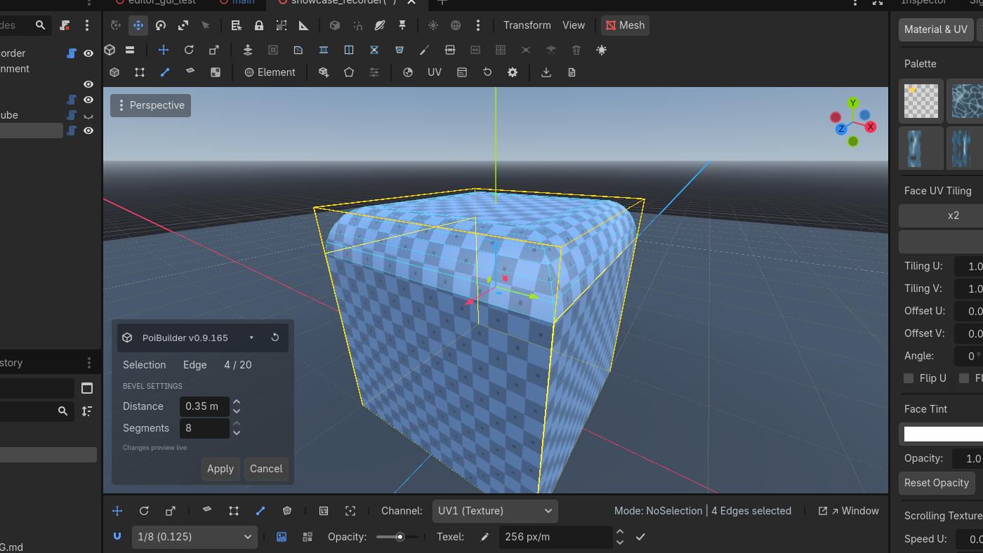 Bevel with live preview — distance and segment rounding.