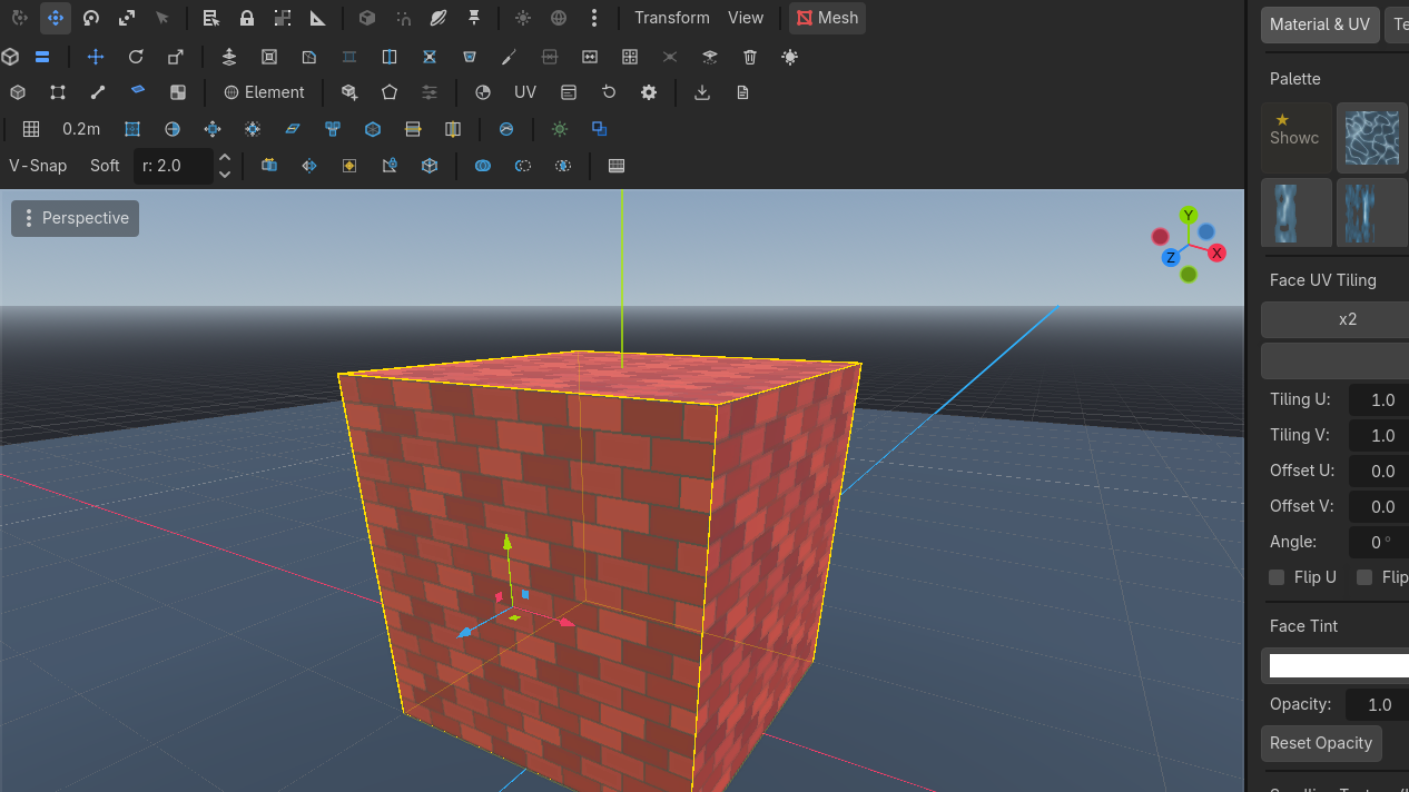 Texture mode: the gizmo slides the brick texture across the selected wall faces.