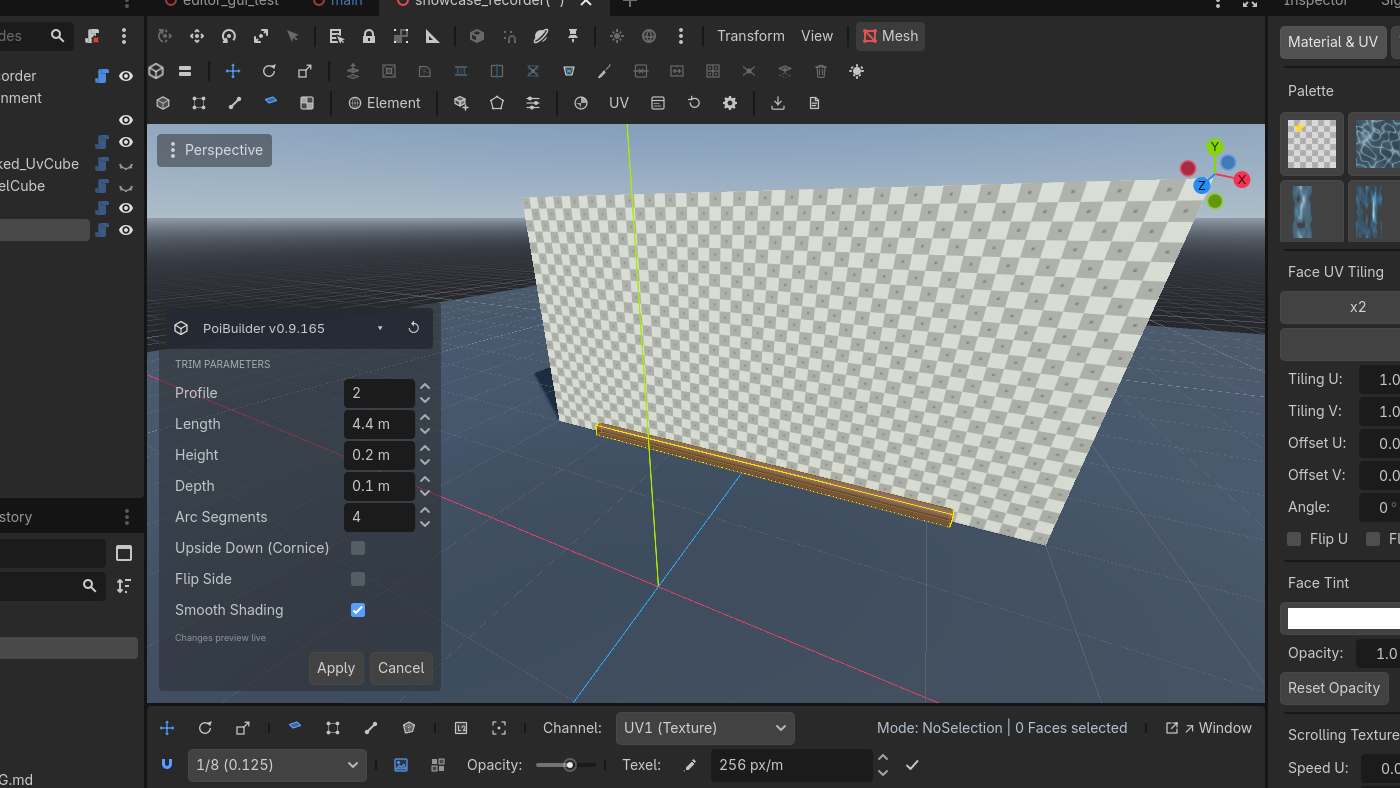 Trim Parameters modal on a live skirting run — profile, height, depth, and cornice flips.