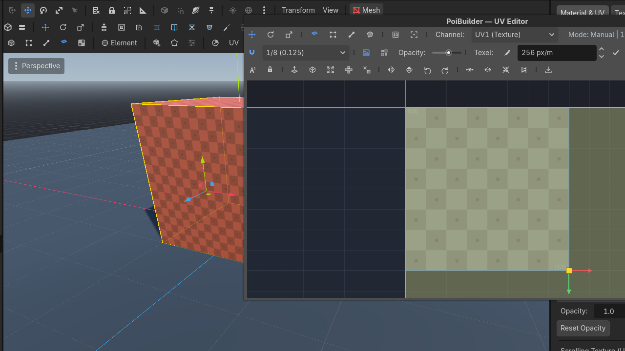 Dedicated 2D UV canvas with bidirectional live sync.